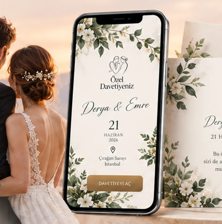Dijital davetiye telefonda açık, yanında gelin ve damat